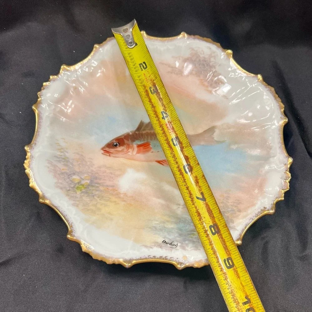 Antique B &‎ H Limoges France Gold Trimmed Fish Plate 8.5” - Signed By “Dubois”